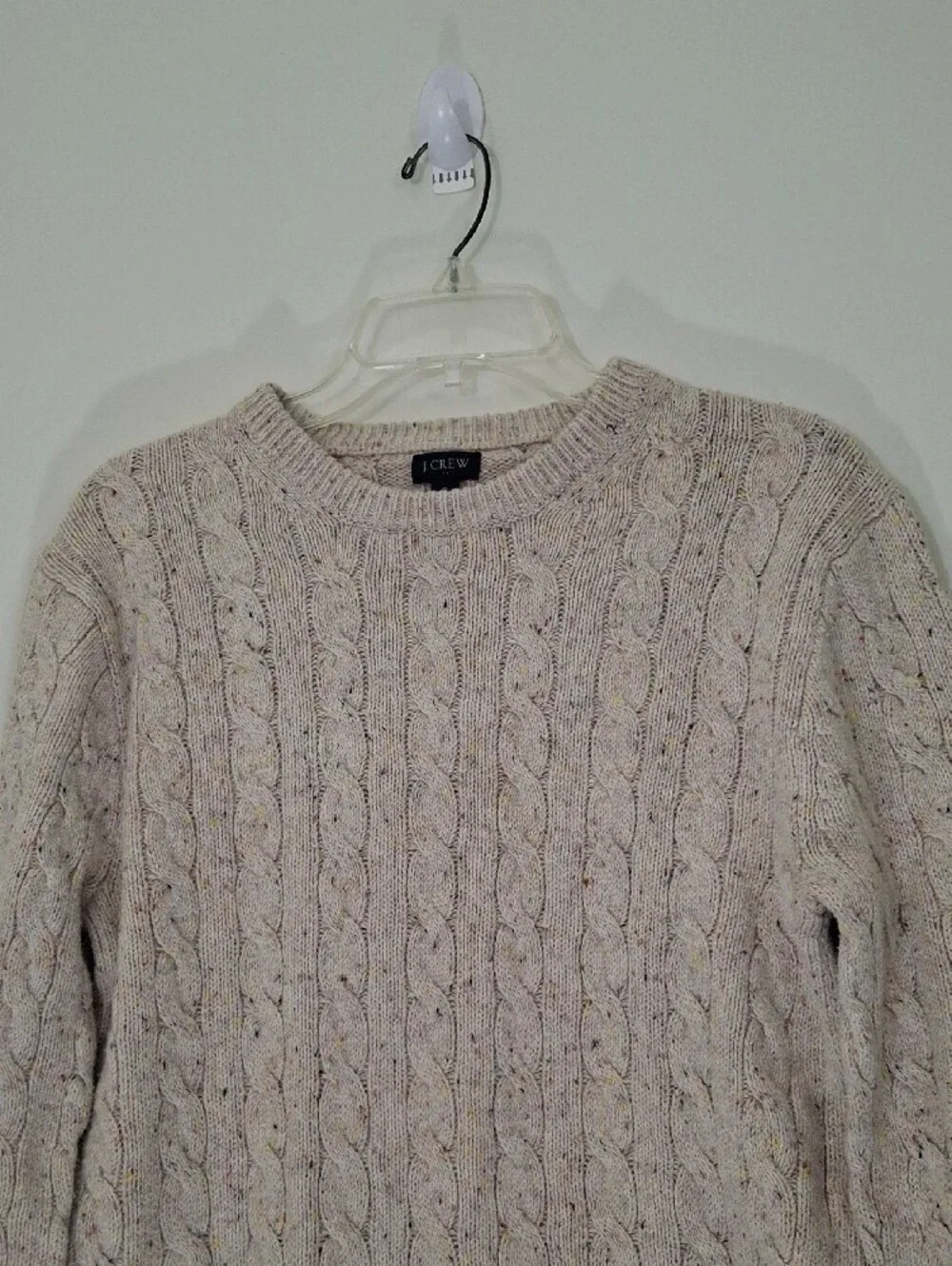 J. Crew Men's Speckled Cream Cable-Knit Crewneck Sweater, Small